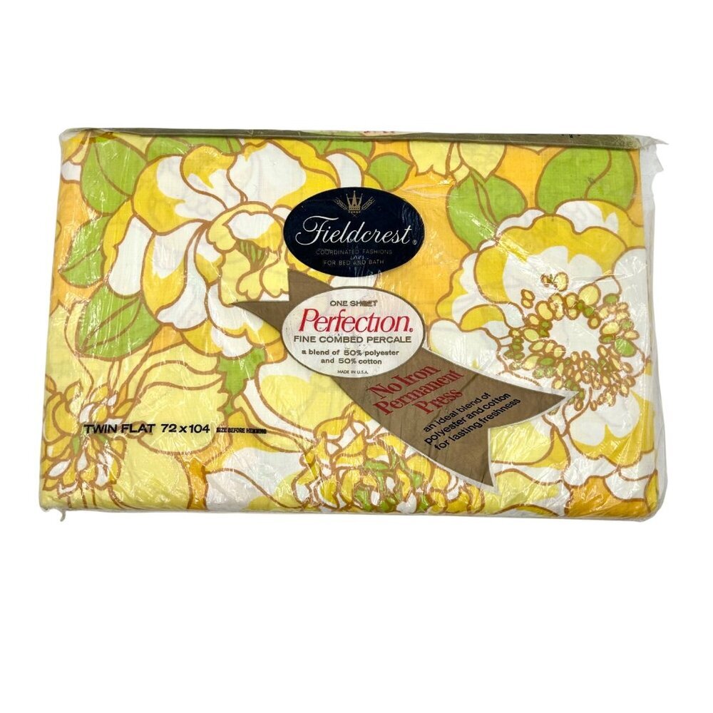 NIB VTG FIELDCREST PERFECTION FINE COMBED PERCALE GOLD FLORAL TWIN FLAT SHEET